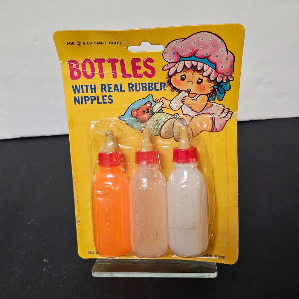 New Vtg Baby Doll Bottles Real Rubber Milk Apple Juice Water
